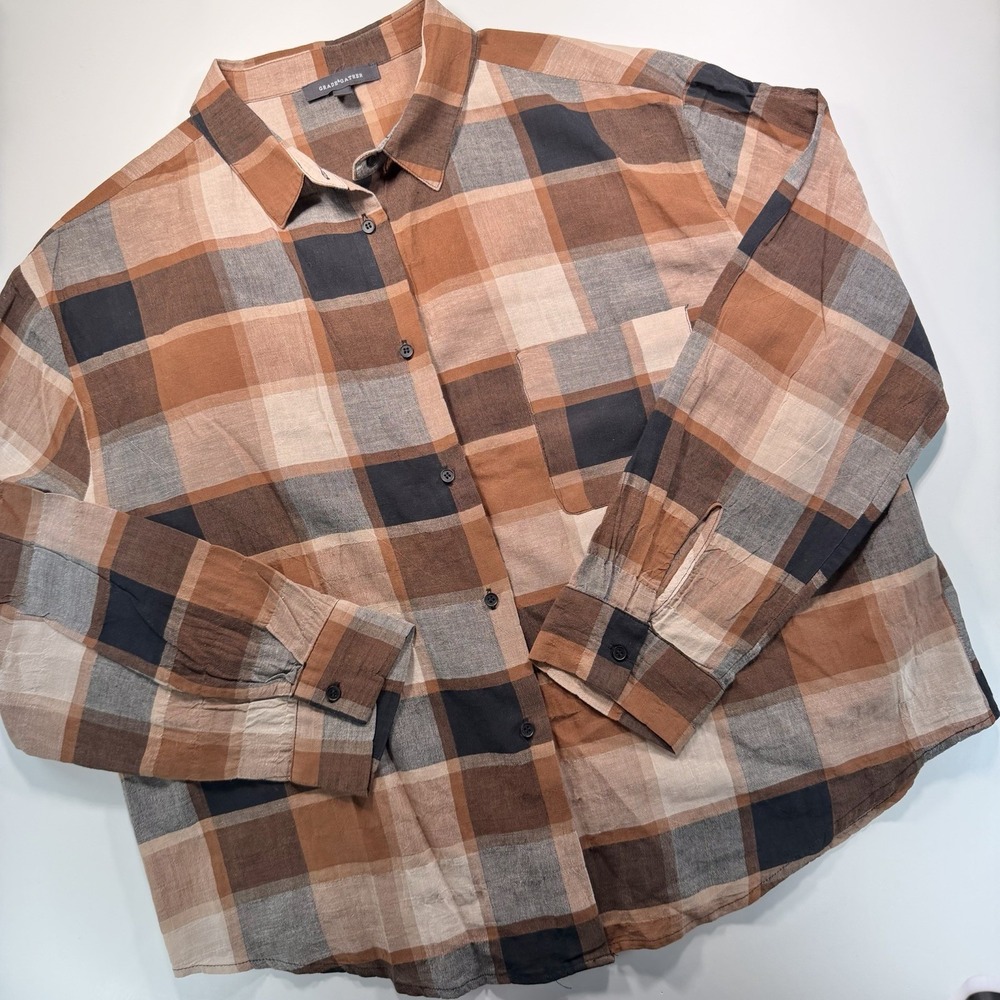Grade & Gather Women's Brown Plaid Button Down L Academia
